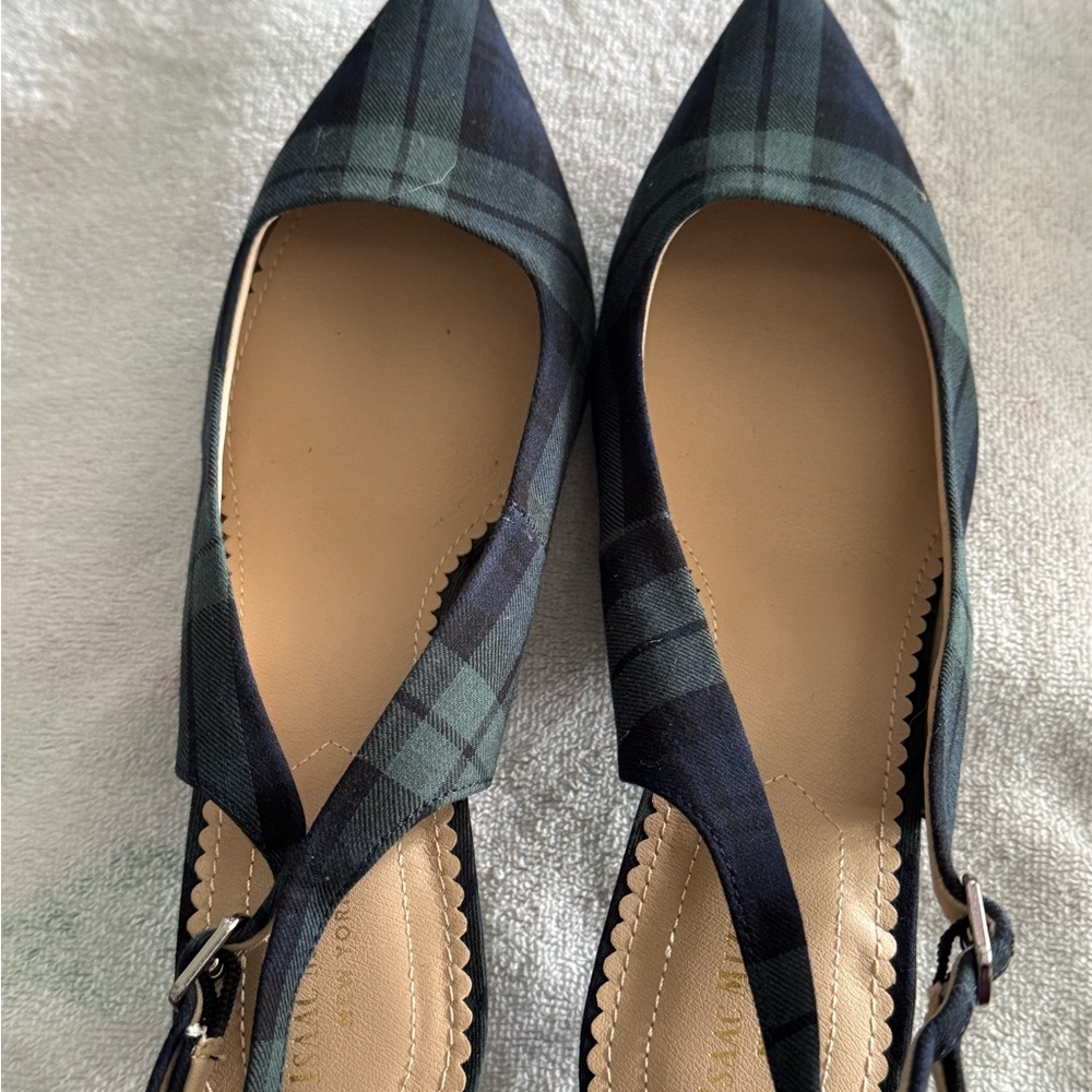 Isaac Mizrahi Green and Navy Tartan Heels
